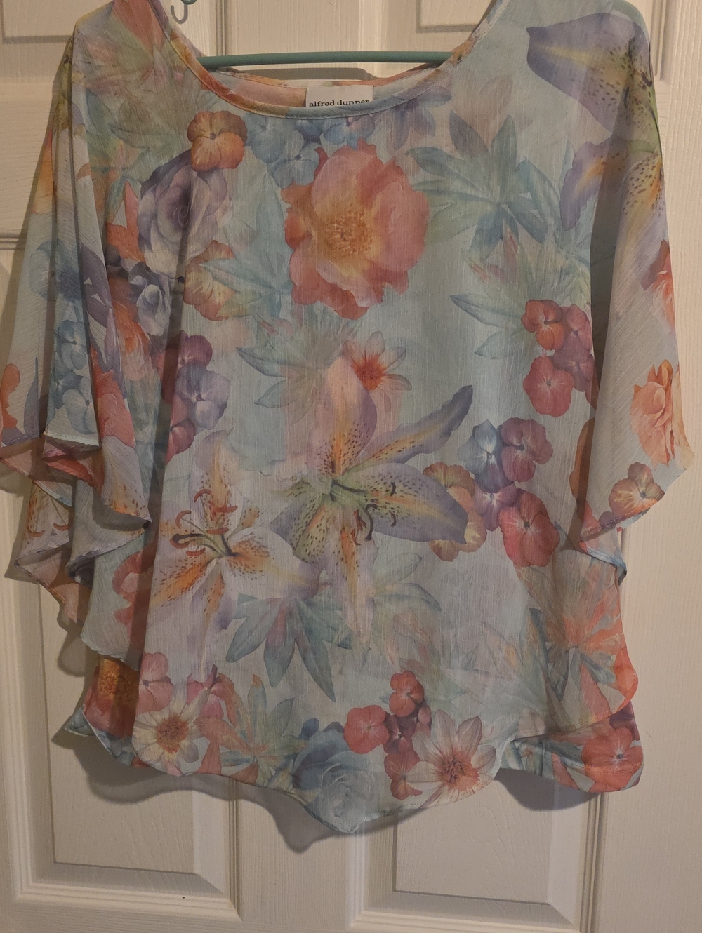 Alfred Dunner Pastel Floral Sheer Blouse - Light Blue, Pink, Peach, Lavender
